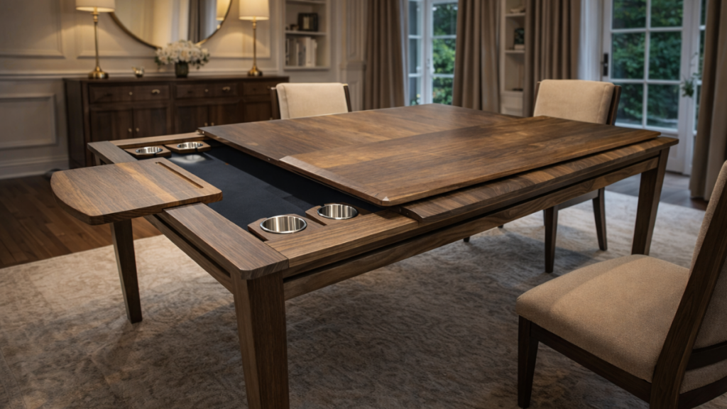 Image of the Lark Songbird game table. It shows add-on player desks, add-on cupholders, and the table toppers that come so you can do puzzles or play games like Dungeons and Dragons.