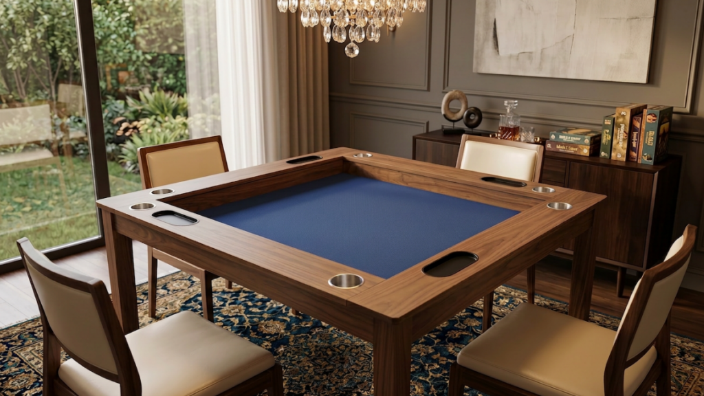 Image of the Lark Warbler game table. The table toppers come off so you can assemble puzzles or play games like Dungeons and Dragons and then hide your game under the table for dinner time.